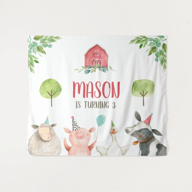Landtiere Barnyard Banner Boy Red Geburtstag Wandteppich (Vorderseite (Horizontal))