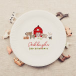 Landtiere Barnyard Bash Geburtstagspartei Pappteller<br><div class="desc">Fügen Sie Ihrer Geburtstagsparty mit diesen Tellern etwas Spaß hinzu! Dieses Design wurde in Übereinstimmung mit unserer Sammlung Farm Animals Barnyard Birthday Party, dieses Design bietet charmante Illustrationen von Nutztieren. Es gibt eine Ente, eine Kuh, ein Pferd und einen Esel, eine Katze, Hühner und eine große rote Scheune. Der Name...</div>