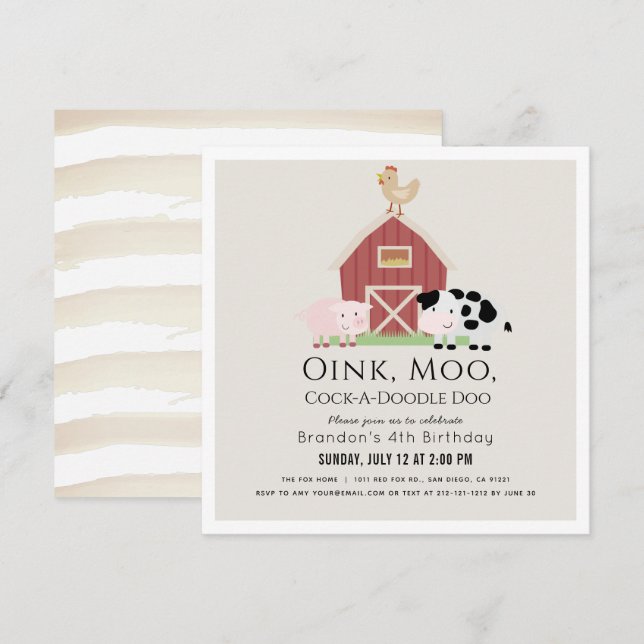 Landtiere Barnyard Beige Birthday Square Einladung (Vorne/Hinten)
