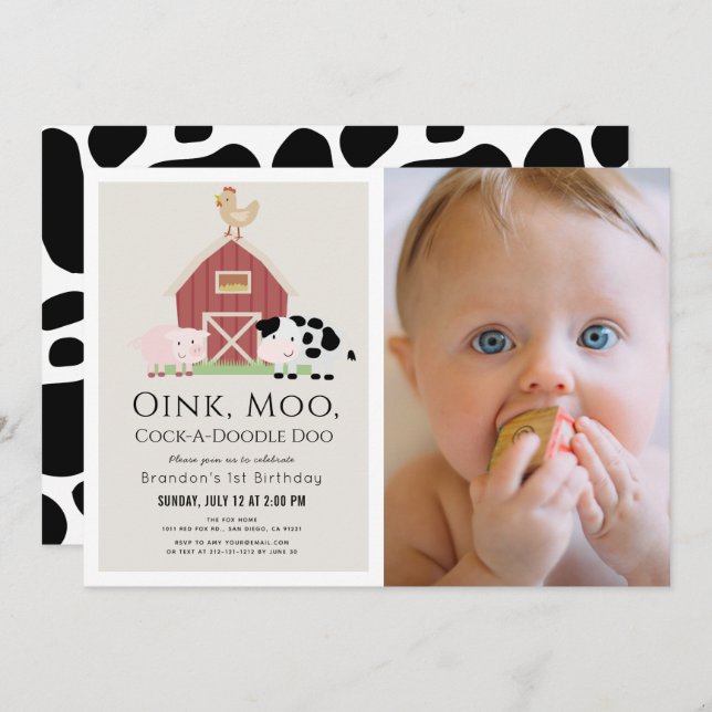 Landtiere Barnyard Beige Foto 1. Geburtstag Einladung (Vorne/Hinten)