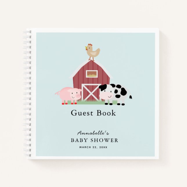 Landtiere Barnyard Blue Baby Shower Gästebuch Notizbuch (Vorderseite)