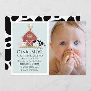 Landtiere Barnyard Blue Boy Foto 1. Geburtstag Einladung