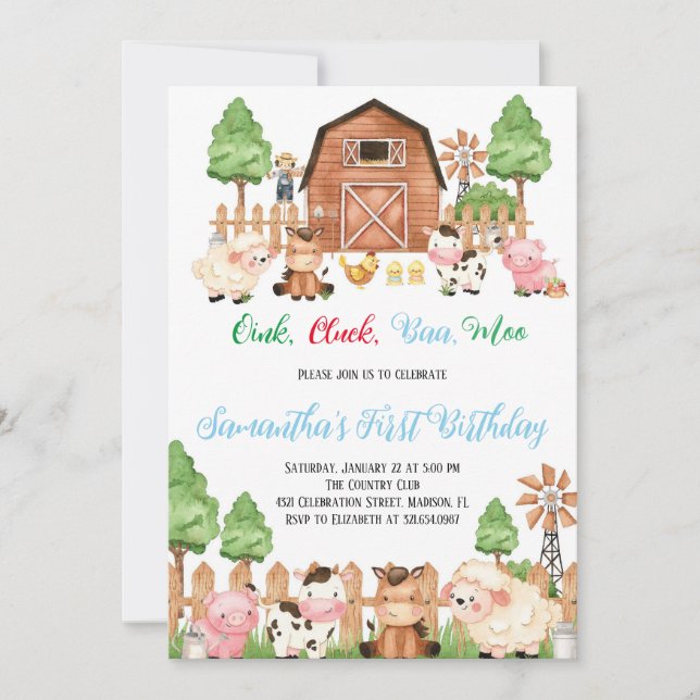 Landtiere Barnyard Blue Boy Geburtstagspartei Einladung (Vorderseite)