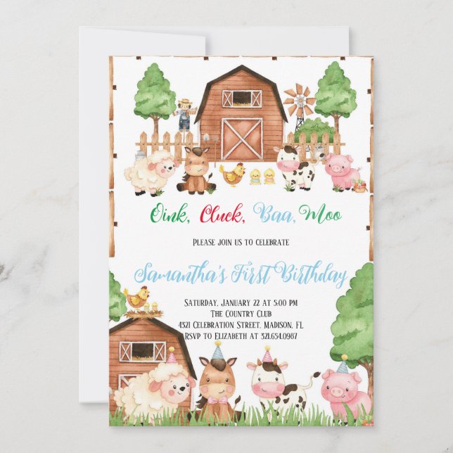 Landtiere Barnyard Blue Boy Geburtstagspartei Einladung (Vorderseite)
