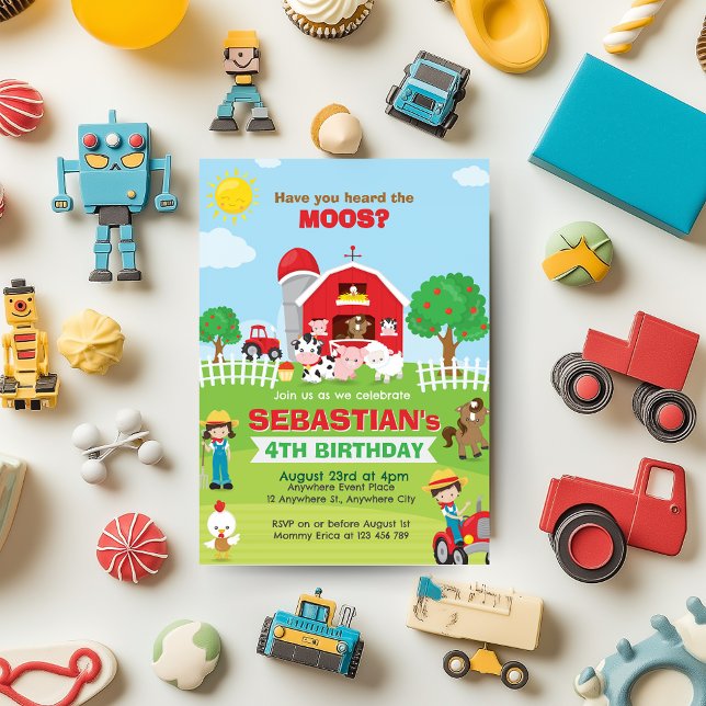 Landtiere Barnyard Geburtstagspartei Einladung (Farm Animals Barnyard Red Tractor Birthday )