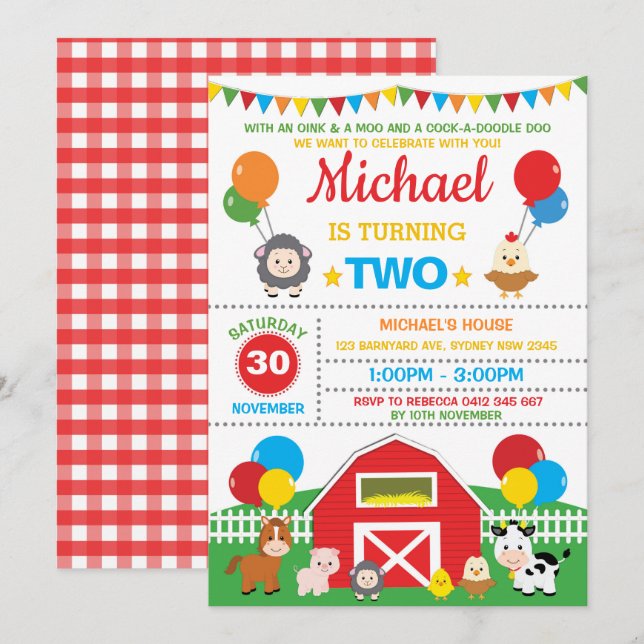 Landtiere Barnyard Geburtstagsparty Petting Zoo Einladung (Vorne/Hinten)