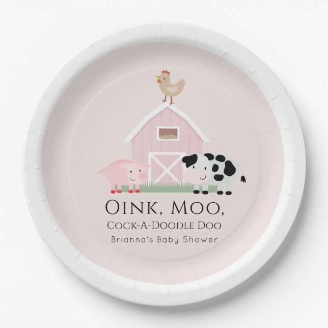 Landtiere Barnyard Girl Pink Babydusche Pappteller (Vorderseite)