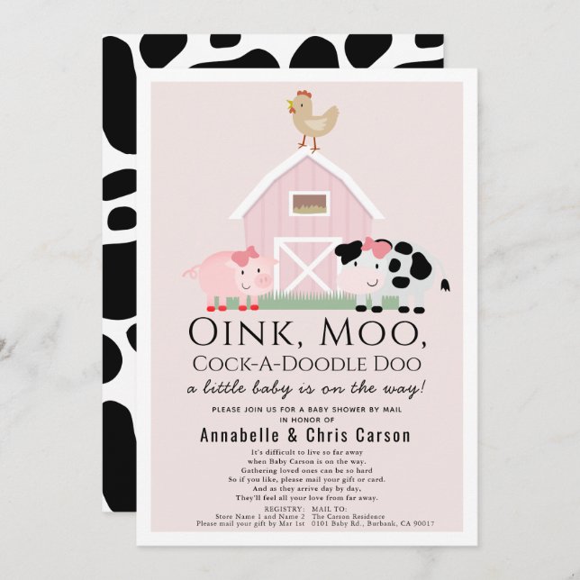 Landtiere Barnyard Pink Baby Dusche von Mail Einladung (Vorne/Hinten)