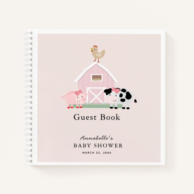 Landtiere Barnyard Pink Baby Shower Gästebuch Notizbuch (Vorderseite)