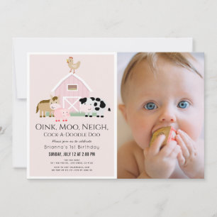 Landtiere Barnyard Pink Girl 1. Geburtstag Einladung