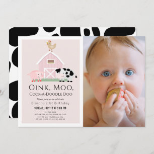 Landtiere Barnyard Pink Girl Foto 1. Geburtstag Einladung