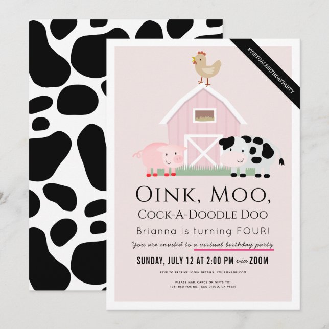 Landtiere Barnyard Pink Girl Virtual Geburtstag Einladung (Vorne/Hinten)