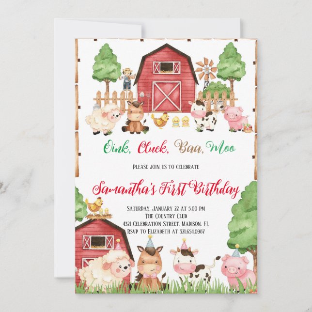 Landtiere Barnyard Red Boy Birthday Party Einladung (Vorderseite)