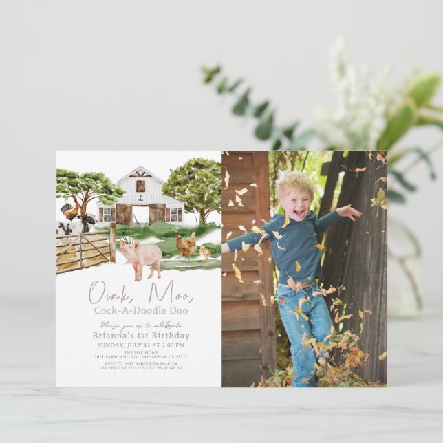 Landtiere Barnyard Wasserfarbe Foto Geburtstag Einladung (Stehend Vorderseite)