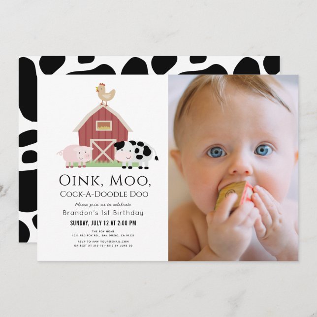 Landtiere Barnyard Weißes Foto 1. Geburtstag Einladung (Vorne/Hinten)