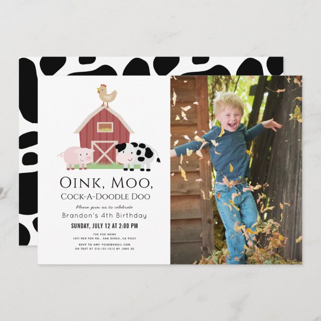 Landtiere Barnyard Weißes Foto Geburtstag Einladung (Vorne/Hinten)