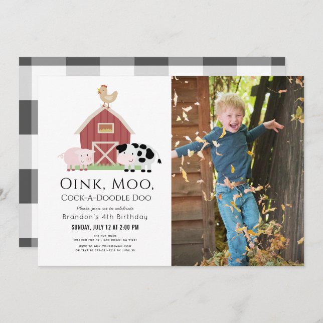Landtiere Barnyard Weißes Foto Geburtstagsfeier Einladung (Vorne/Hinten)