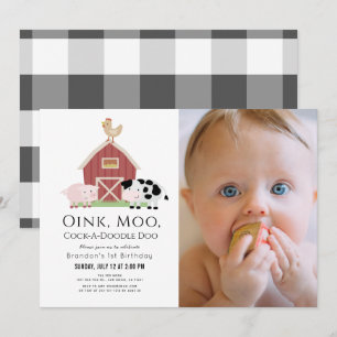 Landtiere Barnyard White Foto 1. Geburtstag Inv. Einladung