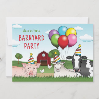 Landtiere Birthday Balloons und Hats Barnyard Einladung