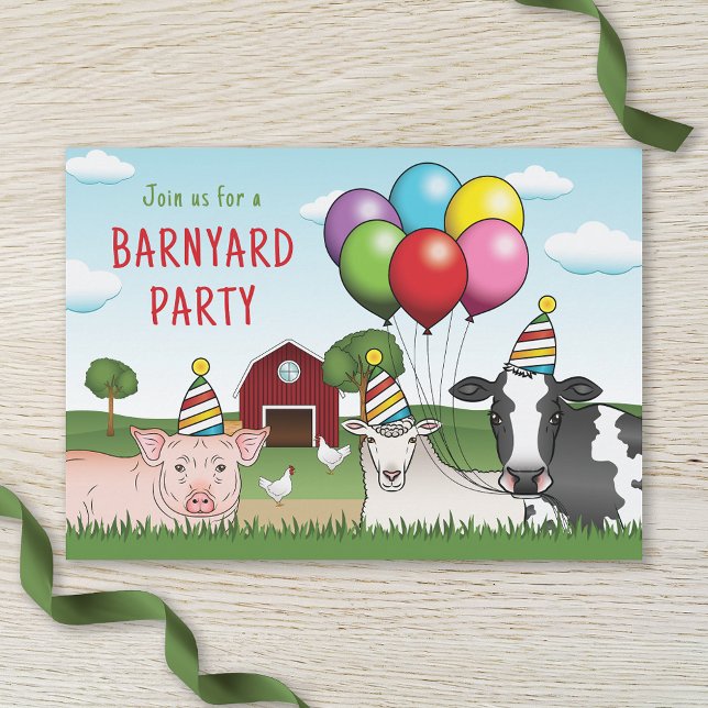 Landtiere Birthday Balloons und Hats Barnyard Einladung (Von Creator hochgeladen)