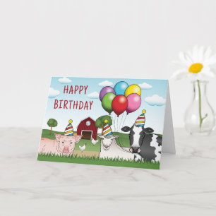 Landtiere Birthday Balloons und Hats Barnyard Karte