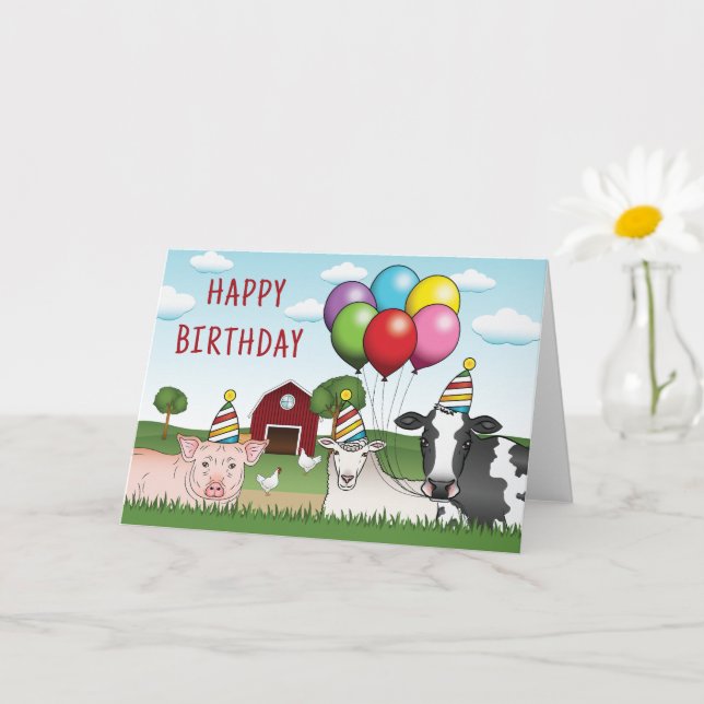 Landtiere Birthday Balloons und Hats Barnyard Karte (Kleine Pflanze)