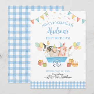 Landtiere Blue Gingham Boy Girl First Birthday Einladung
