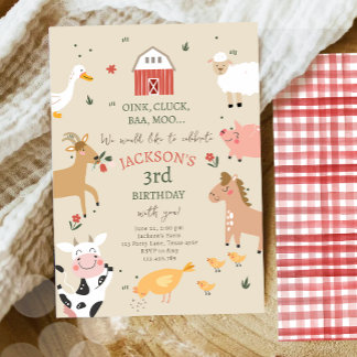 Landtiere Boy Gingham Barnyard Geburtstag Einladung
