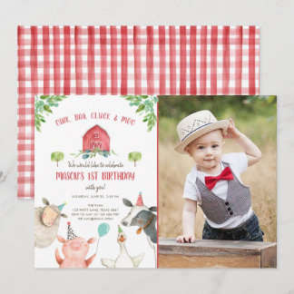 Landtiere Boy Red Gingham Barnyard Birthday Einladung