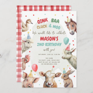 Landtiere Boy Red Gingham Barnyard Birthday Inv Einladung
