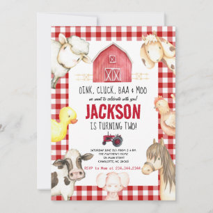 Landtiere Boy Red Gingham Barnyard Birthday Inv Einladung