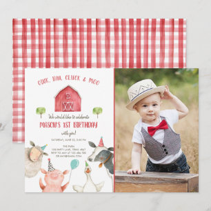 Landtiere Boy Red Gingham Barnyard Geburtstag Einladung