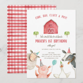 Landtiere Boy Red Gingham Barnyard Geburtstag Einladung