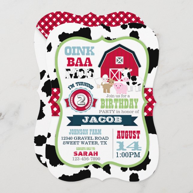 Landtiere Cowhide Gingham Country Boy Birthday Einladung (Vorne/Hinten)