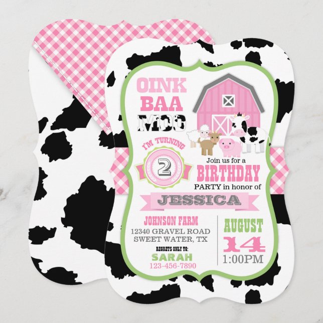 Landtiere Cowhide Gingham Country Girl Birthday Einladung (Vorne/Hinten)