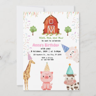 Landtiere Girl Gingham Barnyard Geburtstag Einladung