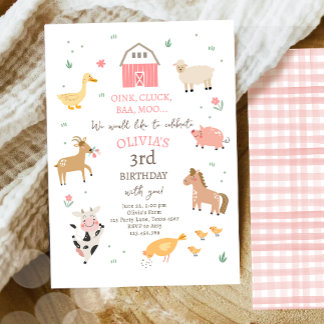 Landtiere Girl Gingham Barnyard Geburtstag Einladung