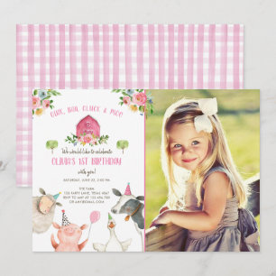 Landtiere Girl Pink Gingham Barnyard Geburtstag Einladung