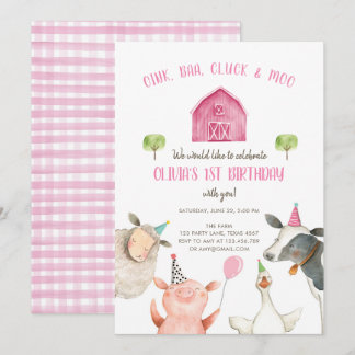 Landtiere Girl Pink Gingham Barnyard Geburtstag Einladung