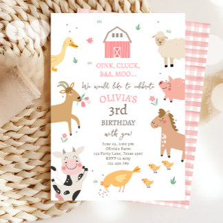 Landtiere Girl Pink Gingham Barnyard Geburtstag Einladung