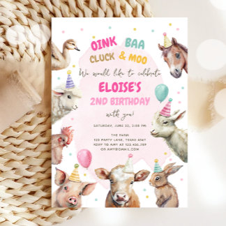 Landtiere Girl Pink Gingham Barnyard Geburtstag Einladung