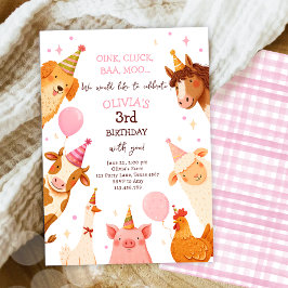 Landtiere Girl Pink Gingham Barnyard Geburtstag Einladung