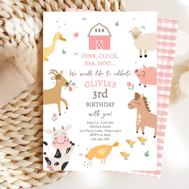 Landtiere Girl Pink Gingham Barnyard Geburtstag Einladung (Von Creator hochgeladen)