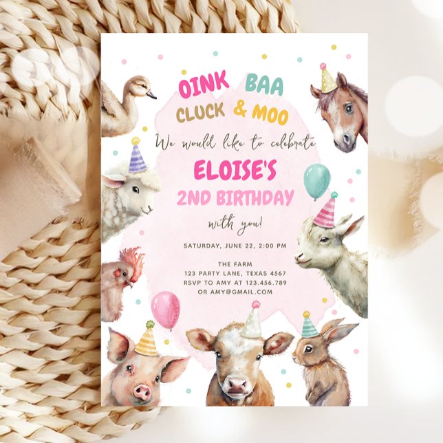 Landtiere Girl Pink Gingham Barnyard Geburtstag Einladung (Von Creator hochgeladen)