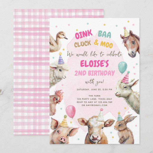 Landtiere Girl Pink Gingham Barnyard Geburtstag I Einladung (Vorne/Hinten)