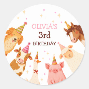 Landtiere Girl Pink Gingham Barnyard Geburtstag Runder Aufkleber