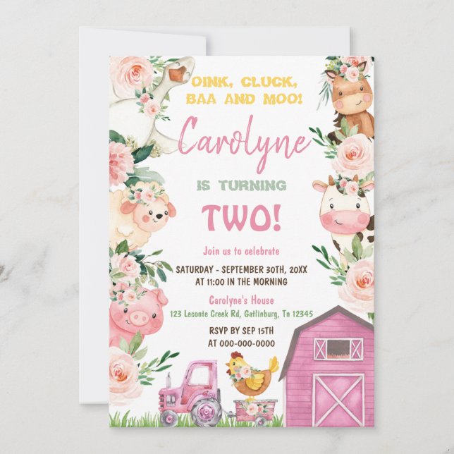 Landtiere Mädchen Rosa Geburtstagseinladung Einladung (Vorderseite)