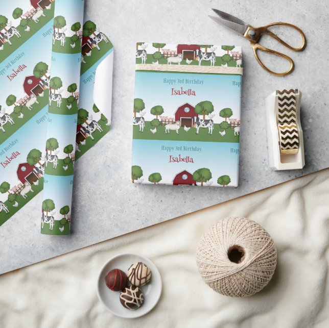 Landtiere mit rotem Barnblauer Himmel glücklich zu Geschenkpapier (Kunsthandwerk)