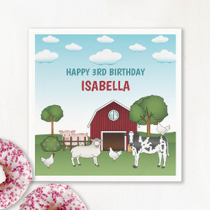 Landtiere mit rotem Stall, der zum Geburtstag eine Serviette