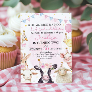 Landtiere Pink Girl Barnyard 2. Geburtstag Einladung